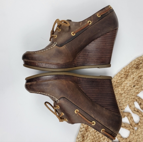 Sperry Top-Sider Seabourn Distressed Brown Oiled Leather Lace-up Wedge Size 9.5 - Picture 3 of 13